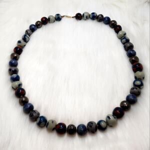 Blue & Gray Ceramic Beaded Necklace | Handmade Vintage Jewelry